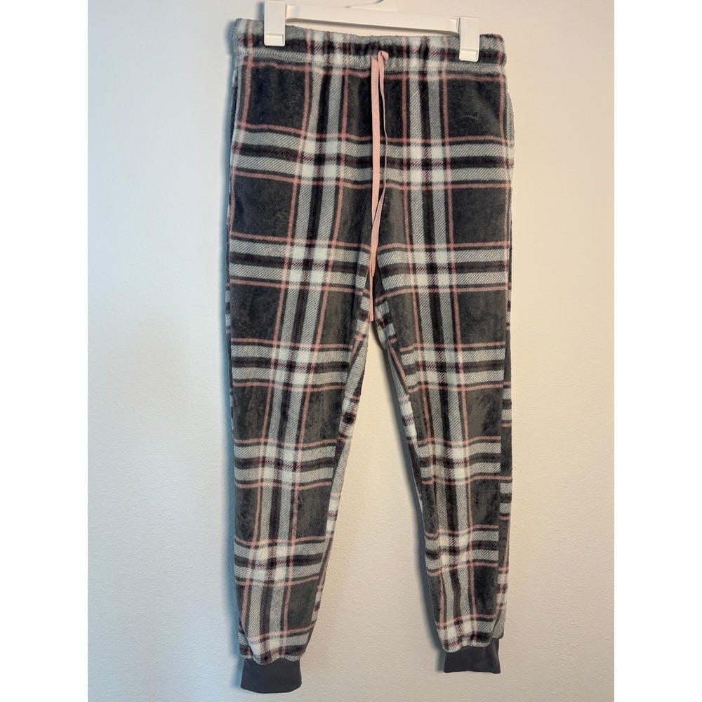 Joyspun Womens Pajama Jogger Pants Grey Pink Plaid Fleece Sleepwear Size S 4-6